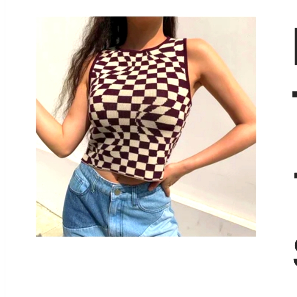 ✨️🆕️Gingham wavy checked  cropped knit tank top vest✨️